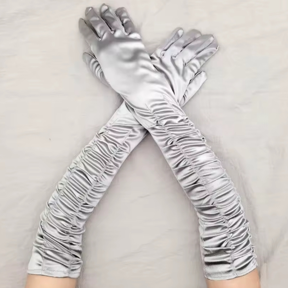 Stunning Unique Silver Runched Satin Elbow Gloves Wedding Formal Bridal Te…
